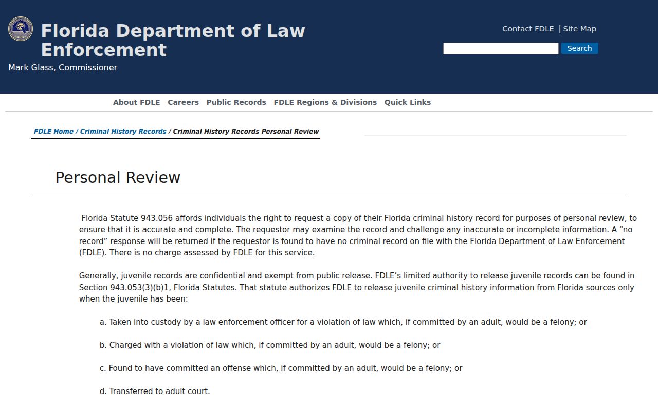 Monroe County arrest history FDLE fingerprint personal review instructions