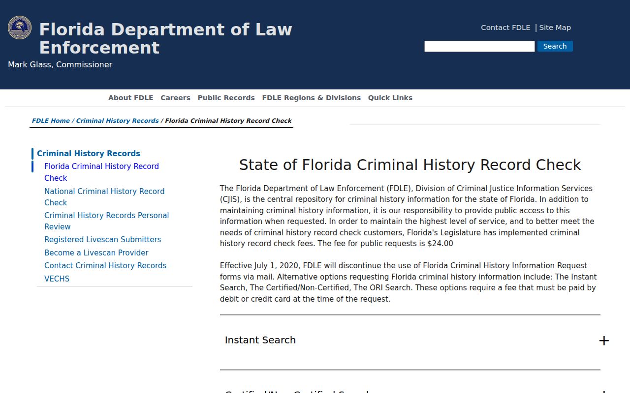 FDLE Florida criminal history check options and official record products