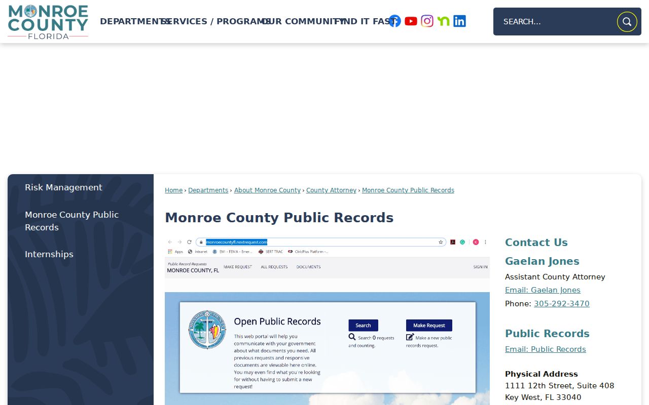 Monroe County public records page routing court and police record requests
