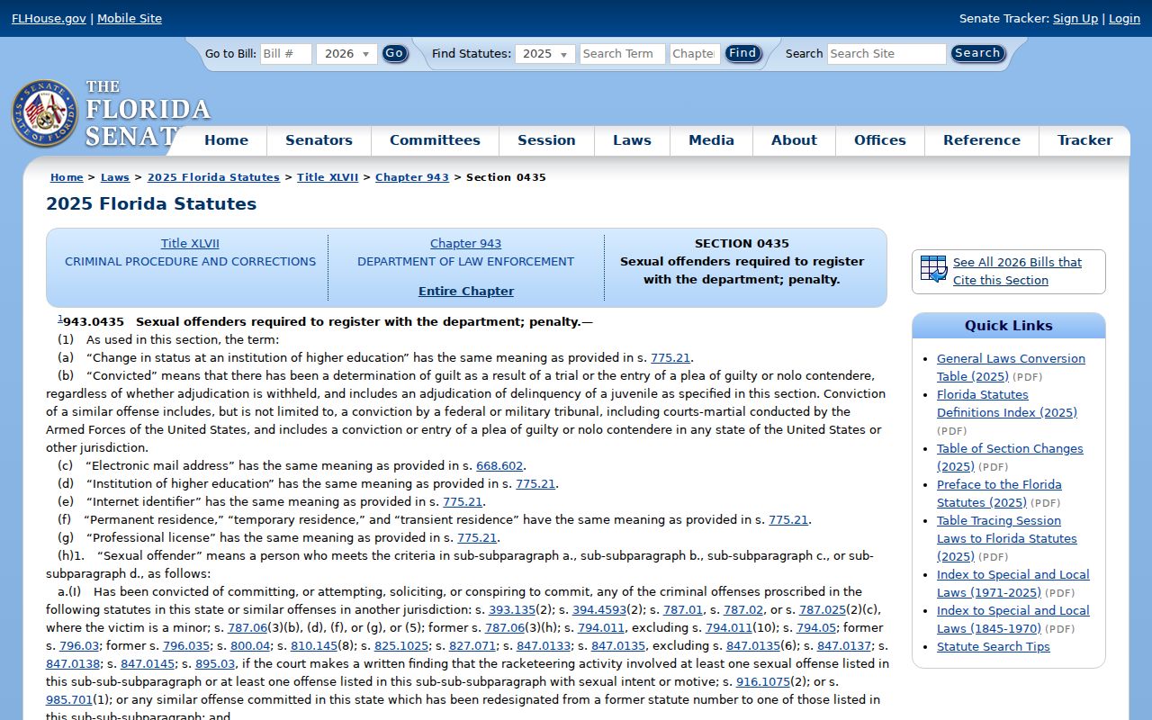 Florida sexual offender registration statute page used for Monroe County registry duties