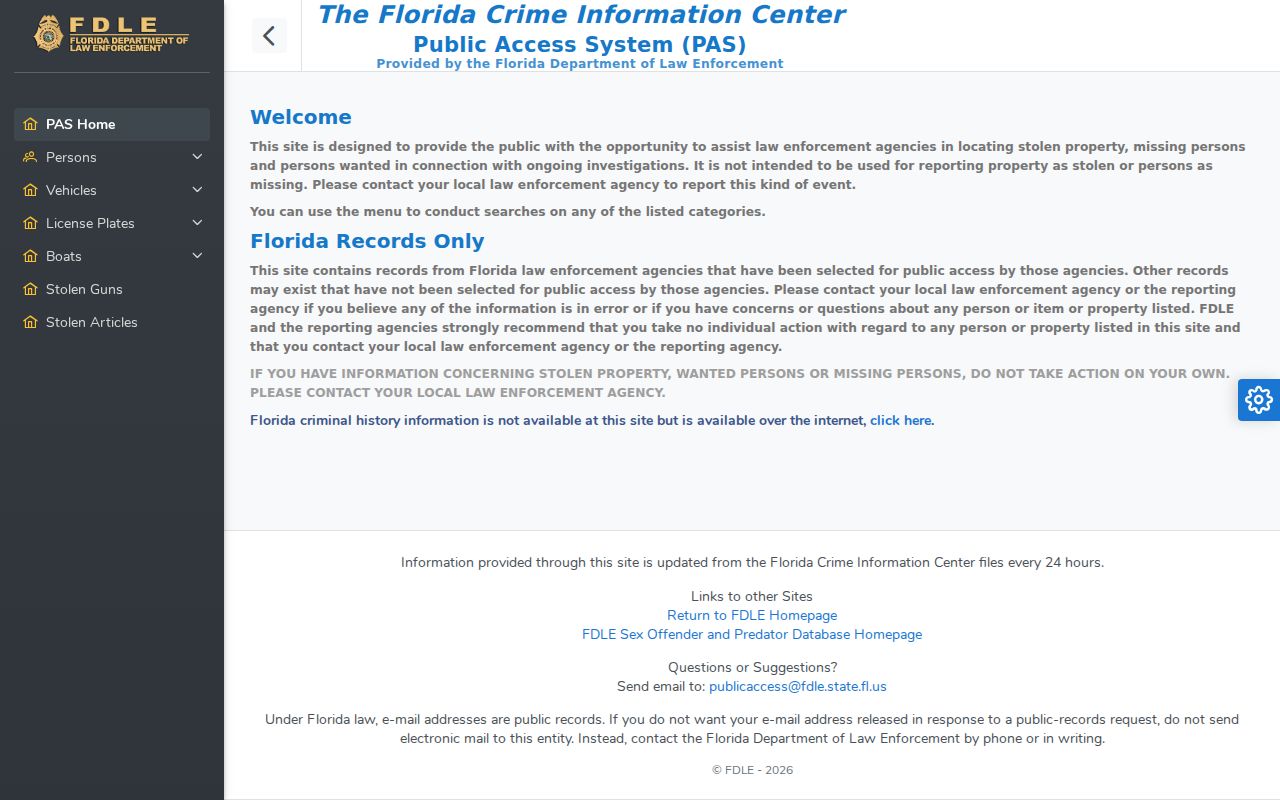 FDLE Wanted Persons Search used to verify wanted-person information separately from registry status