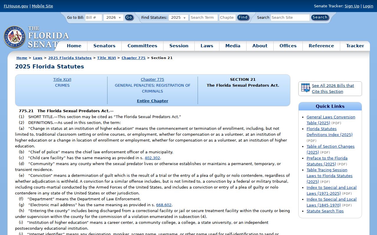 Florida Sexual Predators Act page governing predator classifications and public notice